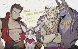  4boys abs amorey_(another_eidos) animal_ears anniversary another_eidos-r arm_on_another&#039;s_shoulder bandages bara bare_pectorals black_hair clenched_hands closed_eyes closed_mouth collared_jacket crossed_arms egyptian egyptian_clothes eyebrow_cut facial_mark fangs fingernails furry furry_male goggles goggles_on_head gold_necklace grey_background grin hellion_(another_eidos) highres jackal_boy jackal_ears jacket jalam_(another_eidos) jewelry k0bit0wani male_focus multiple_boys muscular muscular_male naked_jacket navel neck_fur necklace pectorals red_jacket red_scarf scarf sharp_fingernails short_hair smile sweatdrop upper_body usekh_collar v-taper young_hellion_(another_eidos) zacharoff_(another_eidos) 