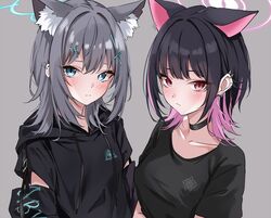  2girls alternate_costume alternate_hairstyle animal_ear_fluff animal_ear_piercing animal_ears black_choker black_hair black_shirt black_sweater blue_archive blue_eyes blush breasts cat_ears choker closed_mouth clothing_cutout collarbone colored_inner_hair cross_hair_ornament drawstring ear_piercing extra_ears grey_background grey_hair hair_ornament halo hood hooded_sweater kazusa_(blue_archive) long_sleeves looking_at_viewer marisasu_(marisa0904) medium_breasts medium_hair mismatched_pupils multicolored_hair multiple_girls piercing pink_hair pink_halo red_eyes shiroko_(blue_archive) shirt short_sleeves sidelocks simple_background sweater upper_body wolf_cut wolf_ears 