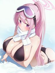  :&lt; absurdres ass bad_anatomy bare_arms bare_shoulders bikini bitseon black_bikini blue_archive blush breasts cleavage closed_mouth eimi_(blue_archive) eimi_(swimsuit)_(blue_archive) female goggles goggles_on_head halo highres large_breasts long_hair official_alternate_costume pink_eyes pink_hair pink_halo ponytail scarf solo swimsuit very_long_hair white_scarf 