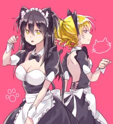  2girls animal_ear_fluff animal_ears apron black_hair blonde_hair breasts brown_eyes cat_ears cat_girl cat_tail cleavage closed_mouth commentary_request fake_animal_ears fake_tail frilled_apron frills gokusai_kaibi hair_between_eyes large_breasts long_hair maid maid_apron maid_headdress medium_breasts multiple_girls natsuya_(dtc5kk5) open_mouth paw_pose pink_background smile tail toaru_kagaku_no_dark_matter toaru_kagaku_no_railgun toaru_kagaku_no_railgun_t toaru_majutsu_no_index waist_apron white_apron yellow_eyes yumiya_rakko 