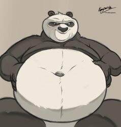  2023 anthro bear belly big_belly claws dreamworks fur giant_panda half-length_portrait hands_on_belly hi_res husky2paws kung_fu_panda looking_down_at_belly low-angle_view male mammal master_po_ping mouth_closed multicolored_body multicolored_fur navel nude obese obese_anthro obese_male overweight overweight_anthro overweight_male portrait signature smile solo 