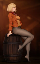  arm_support artist_name ashley_graham barrel black_pantyhose blonde_hair blue_eyes blurry blurry_background breasts depth_of_field feet female freli from_side full_body highres jacket legs lips medium_breasts no_shoes open_clothes open_jacket orange_jacket orange_sweater pantyhose profile red_scarf resident_evil resident_evil_4 ribbed_sweater scarf short_hair sitting solo sweater toes 