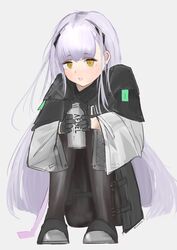  absurdres ak-alfa_(girls&#039;_frontline) black_jacket bottle female girls&#039;_frontline gloves headgear highres holding holding_bottle jacket long_hair looking_at_viewer open_mouth orange_eyes pantyhose ryunosuke_nikaido squatting white_hair 