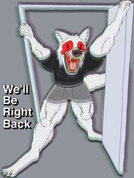  2023 3:4 absurd_res anthro big_nose black_clothing black_nose black_shirt black_topwear blood_tears canid canine canis claws clothing digital_media_(artwork) door doorway fangs fur grey_background grey_clothing grey_underwear hi_res male mammal meme open_mouth red_eyes schreckengast screaming shirt simple_background solo tail teeth teeth_showing the_eric_andre_show topwear underwear we&#039;ll_be_right_back white_body white_fur wolf 