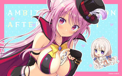  2girls :d ambitious_mission arise_atena arise_kaguya bare_shoulders between_breasts black_gloves black_headwear black_trim blue_background blue_bow blush border bow bracelet breasts bright_pupils chibi chibi_inset cleavage cloak closed_mouth collarbone company_name copyright_name dress dutch_angle elbow_gloves eyelashes eyes_visible_through_hair fingerless_gloves frown gem gloves hair_rings hairbow hat hat_bow hat_feather heart highres holding_cd jewelry large_breasts light_brown_hair long_hair looking_at_viewer mini_hat mini_top_hat moribe_(rabumanyo) multiple_girls official_art official_wallpaper open_mouth phantom_thief picpicgram pink_border pink_hair purple_eyes purple_gemstone red_bow red_cloak red_eyes shy sidelocks smile solo_focus star_(symbol) star_on_cheek star_print straight_hair swept_bangs top_hat two_side_up upper_body very_long_hair white_dress white_pupils yellow_bow 