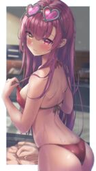  absent absurdres adjusting_clothes adjusting_swimsuit ass bikini blush breasts eyewear_on_head female halterneck heart heart-shaped_eyewear heterochromia highres hololive houshou_marine houshou_marine_(summer) long_hair medium_breasts official_alternate_costume red_bikini red_eyes red_hair solo straight_hair string_bikini sunglasses swimsuit virtual_youtuber wet yellow_eyes 