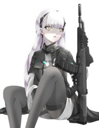  absurdres ak-alfa ak-alfa_(girls&#039;_frontline) assault_rifle black_jacket female girls&#039;_frontline gun headgear highres jacket long_hair orange_eyes pantyhose rifle sitting user_nvnc7485 weapon white_hair 