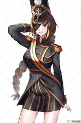  absurdres bad_id bad_twitter_id black_headwear breasts brown_eyes brown_hair eyepatch female girls&#039;_frontline highres long_hair looking_at_viewer m16a1_(blazing_sun_on_the_ruins)_(girls&#039;_frontline) m16a1_(girls&#039;_frontline) open_mouth simple_background smile xanax025 