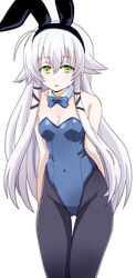  alternate_costume altina_orion animal_ears black_pantyhose blue_bow blue_bowtie blue_leotard bow bowtie breasts covered_navel detached_collar eiyuu_densetsu fake_animal_ears feet_out_of_frame female green_eyes highres leotard long_hair looking_at_viewer pantyhose parted_lips playboy_bunny ponzu_rui rabbit_ears sen_no_kiseki sen_no_kiseki_iii simple_background small_breasts solo strapless strapless_leotard white_background white_hair 