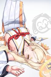  animal_ears arm_up blonde_hair blue_archive blush breasts detached_sleeves doodle_sensei_(blue_archive) eason870408 eyes_visible_through_hair female flower fox_ears grin hair_flower hair_ornament hairband halo highres japanese_clothes kaho_(blue_archive) knees_up large_breasts long_hair long_skirt long_sleeves looking_at_viewer lying mole mole_under_mouth on_back pleated_skirt sensei_(blue_archive) shirt short_eyebrows sideless_kimono skindentation skirt sleeveless sleeveless_shirt slit_pupils smile solo thick_eyebrows very_long_hair yellow_eyes 