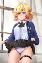  ahoge belt black_bow black_nails black_skirt blonde_hair blue_eyes blue_sweater blush bow breasts cardigan choker closed_mouth clothes_lift collared_shirt commentary_request female girls&#039;_frontline girls&#039;_frontline_neural_cloud hair_ornament hairclip heterochromia highres ichi_illust001 indoors large_breasts lifting_own_clothes looking_at_viewer medium_hair mg36_(girls&#039;_frontline) nail_polish official_alternate_costume open_cardigan open_clothes panties pleated_skirt red_eyes rise_(holidays_tomorrow!)_(neural_cloud) rise_(neural_cloud) school_uniform shirt shirt_tucked_in skirt skirt_lift solo striped_clothes striped_panties sweatdrop sweater thigh_strap two_side_up underwear upper_body white_shirt 