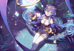  bare_shoulders black_gloves blue_hair blue_hood breasts claw_ring detached_sleeves drill_hair drill_sidelocks female genshin_impact gloves hair_between_eyes highres hood hood_up jewelry layla_(genshin_impact) lino_chang long_hair long_sleeves looking_at_viewer medium_breasts open_mouth pantyhose pointy_ears puffy_sleeves sidelocks smile solo very_long_hair yellow_eyes 