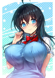  ahoge black_hair blue_eyes blush bow bowtie breasts closed_mouth crossed_bangs female hair_between_eyes highres hisasi large_breasts long_hair looking_at_viewer netoge_no_yome_wa_onna_no_ko_janai_to_omotta? red_bow red_bowtie shirt sleeveless sleeveless_sweater solo sweater tamaki_ako upper_body white_shirt 