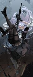  absurdres ak-alfa ak-alfa_(girls&#039;_frontline) ancle_(aruncle) artist_name assault_rifle bag black_jacket character_name falling female girls&#039;_frontline girls&#039;_frontline_2:_exilium gloves gun headgear highres holding holding_gun holding_weapon jacket long_hair open_clothes open_jacket orange_eyes pantyhose partially_fingerless_gloves rifle thigh_strap weapon white_hair 