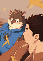  absurd_res anthro blush canid canine canis clothing domestic_dog duo eyebrows fur grey_body grey_fur hi_res hoodie human inutora08 jock_protagonist_(tas) lifewonders male male/male mammal moritaka_(tas) protagonist_(tas) scar shy thick_eyebrows tokyo_afterschool_summoners topwear 