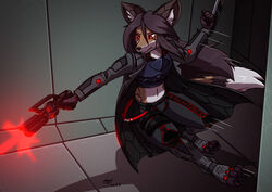  5_fingers action_pose anthro black_body black_hair blade breasts canid canine clothed clothing countershade_torso countershading cybernetic_arm cybernetic_limb cybernetics cyberpunk dark_hair dipstick_tail english_text female fingers fire fluffy fluffy_tail fox foxxi frown fur glowing glowing_eyes grimace hair head_fur kitfox-crimson long_hair machine mammal mantis_blades markings navel netrunner orange_body orange_fur pose red_eyes small_breasts solo tail tail_markings teenager text ventral_groove white_body white_fur young 