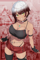  armband black_gloves black_thighhighs breasts brown_hair choker cleavage collar commission crop_top curio_(curiofinity) dark-skinned_female dark_skin female fingerless_gloves gloves highleg highleg_panties highres indie_virtual_youtuber large_breasts looking_at_viewer midriff multicolored_hair navel panties pubic_tattoo savii_(vtuber) short_hair short_shorts shorts skeb_commission smile solo stomach tattoo thighhighs two-tone_hair underwear virtual_youtuber white_hair yellow_eyes 