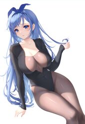  absurdres bae_minah_(chaesu) black_leotard blue_eyes blue_hair blue_ribbon bodystocking borrowed_character breasts cleavage commentary feet_out_of_frame female groin hair_ribbon hand_up highres large_breasts leotard long_hair long_sleeves original ribbon simple_background sitting solo thighs very_long_hair white_background yaomeii 