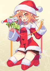  :d ahoge black_shorts boots box breasts christmas command_spell dress fate/grand_order fate_(series) female fujimaru_ritsuka_(female) fujimaru_ritsuka_(female)_(white_christmas) fur-trimmed_dress fur-trimmed_headwear fur_trim gift gift_box hat highres kneeling looking_at_viewer negi_(ulog&#039;be) open_mouth orange_eyes orange_hair red_dress red_footwear red_hat santa_costume santa_dress santa_hat short_hair shorts small_breasts smile solo thigh_boots 