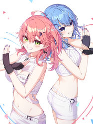  2girls absurdres ahoge bare_shoulders belt black_gloves blue_eyes blue_hair blush breasts butt_crack cleavage_cutout clothing_cutout commentary crop_top double-parted_bangs fingerless_gloves gloves grin groin hair_ornament hairclip high_collar highres hololive hoshimachi_suisei long_hair long_sleeves looking_at_viewer median_furrow medium_breasts micomet_(hololive) midriff miniskirt multiple_girls navel no_jacket off_shoulder official_alternate_costume one_side_up pink_hair sakura_miko shirt shorts skirt sleeveless sleeveless_shirt smile star_(symbol) star_in_eye sugar_rush_(hololive) symbol_in_eye tang-du turtleneck virtual_youtuber white_background white_shorts white_skirt x_arms x_hair_ornament zipper_pull_tab 