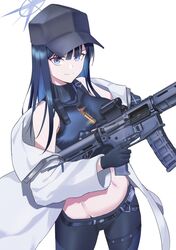  assault_rifle bare_shoulders baseball_cap black_hat blue_archive blue_eyes blue_gloves blue_hat blue_pants blue_shirt breasts commentary cowboy_shot crop_top female gloves gun hat highres holding holding_gun holding_weapon leggings lom_(lom_lom_8) long_hair long_sleeves looking_at_viewer midriff navel pants rifle saori_(blue_archive) shirt sig_516 sig_sauer simple_background sleeveless sleeveless_shirt smile solo standing stomach thighs weapon white_background 