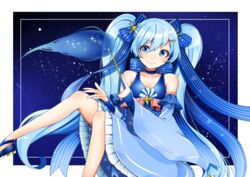  absurdres blue_eyes blue_hair blush bow breasts cleavage commentary detached_sleeves dress fang_out female frilled_dress frills hair_ornament hair_ribbon hairbow hairclip hatsune_miku highres holding holding_wand long_hair long_sleeves looking_to_the_side magic masumofu night night_sky oerba_yun_fang ribbon sky sleeveless sleeveless_dress sleeves_past_wrists small_breasts smile snowflakes solo star_(sky) star_(symbol) star_hair_ornament starry_sky treble_clef twintails very_long_hair vocaloid wand wide_sleeves yuki_miku yuki_miku_(2017) 