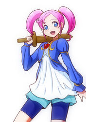  :d aged_down bakusai bike_shorts bike_shorts_under_skirt blue_jacket blue_legwear blush brooch choker commentary dokidoki!_precure eyelashes female hair_ornament happy heart heart_brooch jacket jewelry looking_at_viewer marie_ange open_mouth pink_hair precure shirt short_hair simple_background skirt smile solo standing sword twintails weapon white_background wooden_sword 