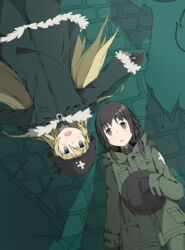  2girls absurdres black_eyes black_hair blonde_hair blue_eyes brodie_helmet chito_(shoujo_shuumatsu_ryokou) combat_helmet commentary_request fur_trim helmet highres long_hair military military_uniform multiple_girls randomnpc short_hair shoujo_shuumatsu_ryokou stahlhelm uniform unworn_headwear unworn_helmet winter_clothes yuuri_(shoujo_shuumatsu_ryokou) 