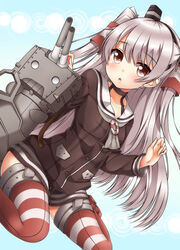  absurdres amatsukaze_(kancolle) black_dress brown_eyes commentary_request dress female grey_hair hairband hat highres kantai_collection long_hair mini_hat oooqqq open_mouth red_thighhighs rensouhou-kun sailor_dress see-through short_dress sitting solo thighhighs very_long_hair 