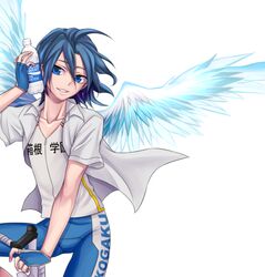  1boy angel_wings bad_id bad_pixiv_id bicycle blue_eyes blue_hair bottle collarbone cycling_uniform fingerless_gloves gloves halilmyo male_focus manami_sangaku parted_lips simple_background solo sportswear water_bottle white_background wings yowamushi_pedal 