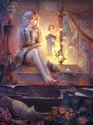  bad_id bad_pixiv_id blue_eyes character_doll feline female flower hair_ornament highres instrument long_hair original pantyhose photoshop_(medium) pink_hair rose sheet_music sitting tonari_no_totoro totoro umbrella violin white_legwear yueyue 