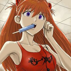  armpits ceiling commentary_request earphones female food jeet long_hair mouth_hold neon_genesis_evangelion no_bra orange_hair popsicle purple_eyes single_earphone_removed solo souryuu_asuka_langley tank_top 