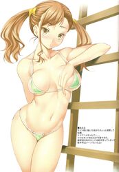  anjou_naruko ano_hi_mita_hana_no_namae_wo_bokutachi_wa_mada_shiranai ano_hi_mita_hana_no_namae_wo_bokutachi_wa_mada_shiranai. asymmetrical_bangs bangs bikini blush brown_eyes brown_hair female hair_ornament highres kure_masahiro micro_bikini open_mouth solo standing swimsuit translation_request twintails 