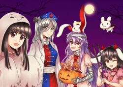  4girls :3 animal_ears bandaged_arm bandaged_head bandaged_neck bandages bare_tree bat_wings black_hair blunt_bangs brown_eyes carrot_necklace commentary_request dress fake_horns floppy_ears full_moon ghost_costume grey_eyes grey_hair halloween halo hat horns houraisan_kaguya inaba_tewi jewelry lab_coat light_purple_hair long_hair moon multiple_girls necklace necktie night nurse_cap open_mouth pink_dress pink_shirt puffy_short_sleeves puffy_sleeves rabbit rabbit_ears red_eyes red_necktie reisen_udongein_inaba shirt short_hair short_sleeves smile stitches teruyof touhou tree vermeith very_long_hair wings yagokoro_eirin 