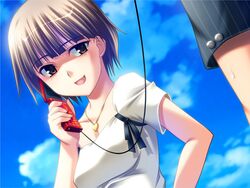  brown_eyes brown_hair female hurtbreak_wonderland jewelry mizui_satsuki natsukon necklace phone ribbon short_hair solo_focus 