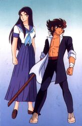  1boy 80s 90s abs araki_shingo bandage bangs black_eyes black_hair black_jacket blue_skirt boken bokken breasts brown_eyes brown_hair brown_shoes coat collarbone female full_body fuuma_no_kojiro fuuma_no_kojirou gakuran gradient gradient_background himeno_michi holding holding_weapon jacket kojiro long_hair long_skirt long_sleeves looking_to_the_side muscle neckerchief no_shirt oldschool pants pleated_skirt sailor_collar school_uniform serafuku shirt shoes short_sleeves simple_background skirt sleeves_rolled_up sneakers standing sword weapon white_shirt white_shoes wooden_sword yagyu_ranko 