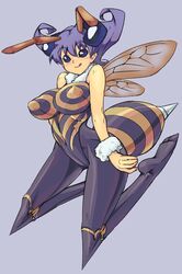  :q antennae arthropod_girl bee_girl blue_eyes breasts commentary_request coso-ri covered_navel covered_nipples female fur_collar fur_cuffs highres insect_wings knee_spikes large_breasts leotard pantyhose purple_hair q-bee short_hair simple_background solo stinger tongue tongue_out vampire_(game) wings 