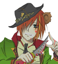  1boy animal_ears badge blood brown_hair coat commentary_request green_eyes hat heart_no_kuni_no_alice image_sample knife long_sleeves male_focus md5_mismatch mouse_(animal) mouse_ears necktie pierce_villiers pixiv_sample resolution_mismatch seasontone short_hair smile solo source_larger yandere 