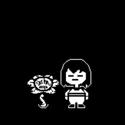  1:1 :| alternate_universe ambiguous_gender black_and_white black_background clothing duo elemental_creature flora_fauna flower flowey_the_flower flowey_the_flower_(underfell) frisk_(undertale) hair human looking_at_viewer low_res mammal monochrome nervous not_furry plant protagonist_(underfell) schelebro simple_background sprite underfell undertale undertale_(series) 