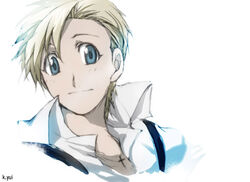  1boy alphonse_heiderich bad_id bad_pixiv_id blonde_hair blouse blue_eyes conqueror_of_shambala cross fullmetal_alchemist looking_at_viewer male_focus shirt simple_background smile solo white_background yui_(karina-yui) 