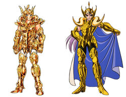  80s araki_shingo aries_muu armor blonde_hair cape comparison facial_mark forehead_mark full_armor gold gold_saints helmet himeno_michi horns knight kurumada_masami oldschool purple_hair ram_horns saint_seiya sheep_horns zodiac 