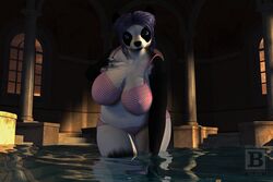  2016 3:2 3d_(artwork) anthro bear big_breasts bikini biped black_body black_fur black_nose blue_eyes blue_hair blx24 breasts cleavage clothed clothing digital_media_(artwork) english_text female fur giant_panda hair hi_res inside looking_at_viewer mammal navel short_hair slightly_chubby solo standing swimwear text water white_body white_fur 