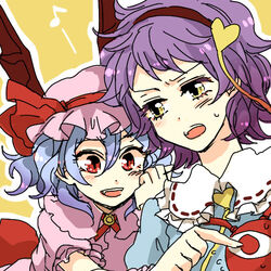  2girls bad_id bad_pixiv_id bat_wings blue_hair eye_poke eyeball fangs hairband hat heart komeiji_satori lowres multiple_girls musical_note poking popoin purple_hair red_eyes remilia_scarlet short_hair simple_background third_eye touhou wings yellow_eyes 