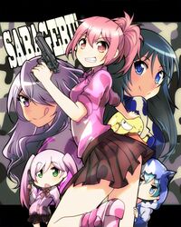  5girls :q blue_eyes blue_hair cardigan commentary_request copyright_name goutokuji_kayo green_eyes grin gun hair_over_one_eye handgun highres hood hoodie kamo_(sabagebu!) kasugano_urara_(sabagebu!) kyoudou_maya long_hair multiple_girls ootori_miou open_mouth peeking_out pink_eyes pink_hair platypus ponytail purple_eyes purple_hair sabagebu! short_hair short_ponytail skirt smile sonokawa_momoka tanashi_(mk2) tongue tongue_out twintails weapon 