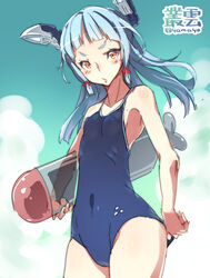  adjusting_clothes adjusting_swimsuit blue_one-piece_swimsuit character_name cloud commentary_request competition_school_swimsuit day female grey_hair hair_ribbon headgear highres inflatable_torpedo inflatable_toy kantai_collection long_hair looking_at_viewer murakumo_(kancolle) one-piece_swimsuit orange_eyes ribbon robot_ears school_swimsuit sky solo standing super_zombie swimsuit tight_clothes torpedo twitter_username 