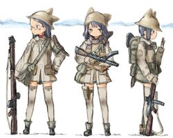  3girls ammunition_pouch animal_hat backpack bad_id bad_pixiv_id bag beanie black_hair bolt_action explosive glasses grenade gun hat knife kukri lee-enfield mars_expedition multiple_girls pouch reflex_sight rifle semi-rimless_eyewear shoulder_bag shovel sterling_smg submachine_gun thighhighs thompson_submachine_gun under-rim_eyewear weapon y_(khakiyawn) zettai_ryouiki 