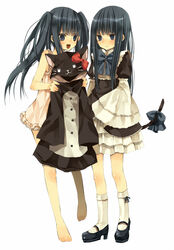  2girls alternate_costume bad_id bad_pixiv_id barefoot black_dress black_footwear black_tail blue_bow blue_eyes blue_hair blunt_bangs bow buttons cat_tail dress dress_bow empty_eyes flat_chest frederica_bernkastel frilled_dress frilled_sleeves frills furudo_erika holding holding_clothes hood hooded_pajamas kneehighs layered_dress long_hair looking_at_another mary_janes multiple_girls nightgown open_mouth pajamas puffy_sleeves ribbon ringo_komachi shoes simple_background sleepwear socks straight_hair sweatdrop tail tail_bow tail_ornament twintails umineko_no_naku_koro_ni white_background wide_sleeves 