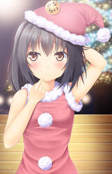  arm_up bad_id bad_pixiv_id black_hair blush brown_hair christmas female finger_to_mouth hat medium_hair noshimasa original photoshop_(medium) santa_hat solo 