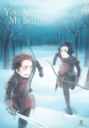  2boys a_song_of_ice_and_fire aged_down animification black_hair blue_eyes boots bow_(weapon) branch brothers commentary english_commentary english_text gloves jon_snow looking_at_another multiple_boys open_mouth photoshop_(medium) red_hair robb_stark running shadowfree short_hair siblings smile snow sword tree weapon 