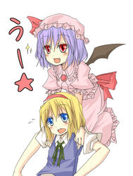  2girls :d alice_margatroid ascot bad_id bad_pixiv_id bat_wings blonde_hair blue_eyes blue_hair hat multiple_girls natsuk oerba_yun_fang open_mouth red_eyes remilia_scarlet short_hair slit_pupils smile touhou translated uu~ wings 